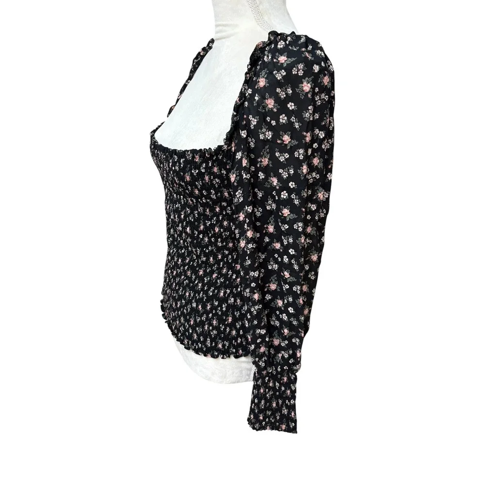 Reformation Pinto Black Freesia Smocked Floral Dark Romantic Whimsygoth Top - 1x